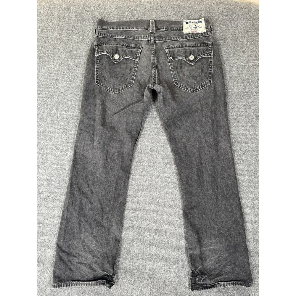 True Religion Straight Flap Jeans Mens 38x32 Gray Wash Denim Pants USA
